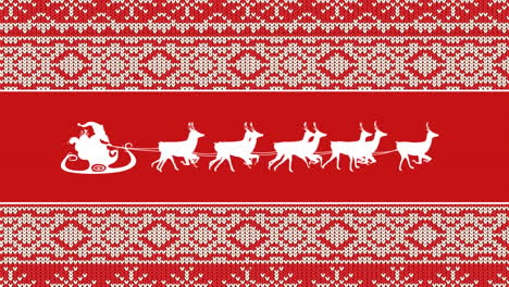 Animation-of-santa-claus-in-sleigh-pulled-by-reindeers-on-traditional-pattern-on-red-background