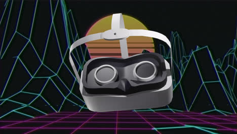 Animation-Eines-VR-Headsets-über-Metaverse,-Das-Sich-Auf-Schwarzem-Hintergrund-Bewegt