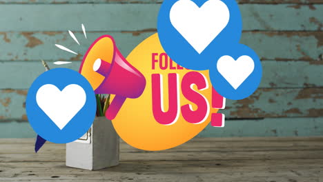 Animation-of-follow-us-text,-megaphone-and-heart-icons-over-flag-of-australia-and-pencils-in-box
