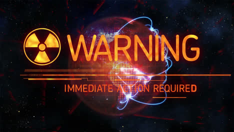 Animation-of-radioactive-symbol-and-warning-text-banner-over-spinning-globe-in-space