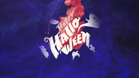 Animation-of-happy-halloween-text-and-ghosts-over-pink-and-blue-background