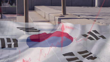 Animation-Von-Roten-Pfeilen-Und-Der-Flagge-Südkoreas-über-Menschen,-Die-In-Der-Stadt-Spazieren