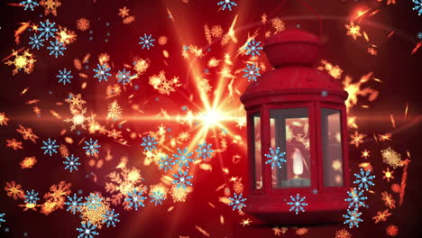 Animation-of-christmas-lantern-over-snow-falling-in-winter-scenery