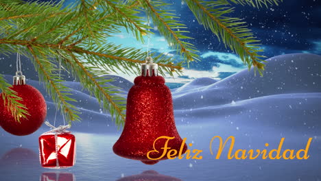 Animation-of-snow-falling-over-feliz-navidad-text-banner-and-hanging-decorations-on-tree-branch