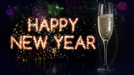 Animation-of-champagne-glass-and-happy-new-year-text-banner-against-fireworks-exploding
