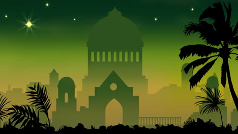 Animation-of-city-and-palm-trees-over-green-background