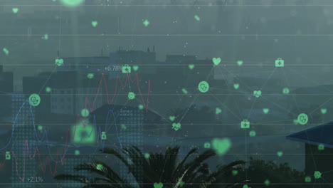 Animation-of-icons-and-data-processing-over-cityscape