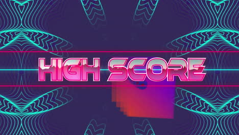 Animation-of-high-score-text-banner-against-neon-kaleidoscope-patterns-on-blue-background
