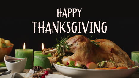 Animation-of-happy-thanksgiving-text-and-dinner-and-candles-on-black-background