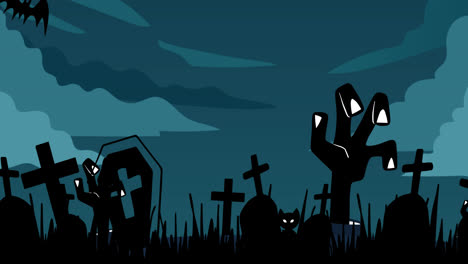 Animation-of-cemetery-with-bats-and-hands-over-clouds