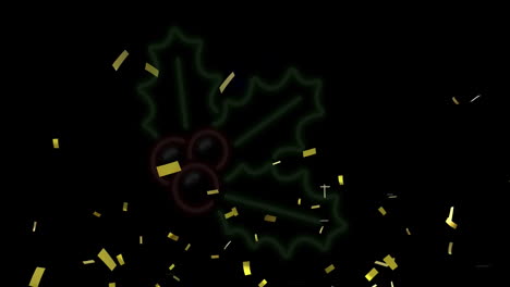 Animation-Von-Goldenem-Konfetti,-Das-über-Ein-Neonfarbenes-Mistelzehen-Symbol-Auf-Schwarzem-Hintergrund-Fällt