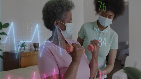 Animation-of-heart-rate-monitor-over-diverse-female-physiotherapist-helping-senior-woman-to-exercise