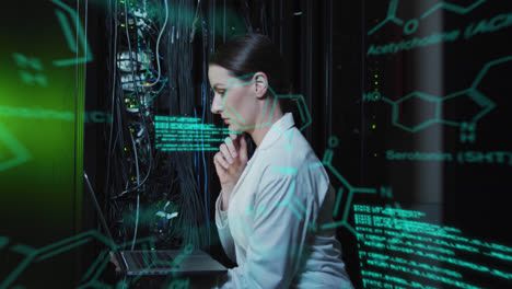 Animation-of-chemicals-structures-over-caucasian-female-engineer-using-laptop-at-server-room