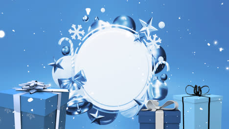 Animation-of-snow-falling-and-christmas-decorations-over-circle-with-copy-space-on-blue-background