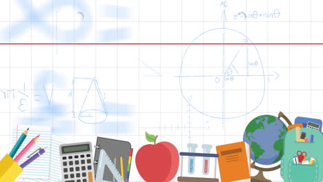 Animation-of-school-items-and-mathematical-drawings-over-white-squared-background