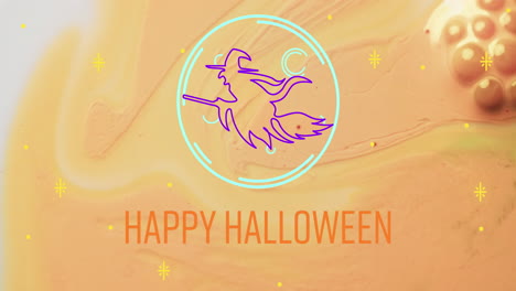 Animation-of-happy-halloween-text-and-witch-over-orange-background