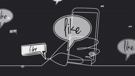 Animation-of-smartphone-and-like-text-in-speech-bubbles