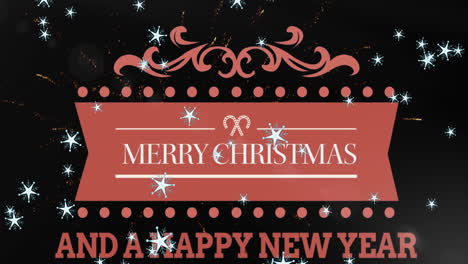 Animation-of-fireworks-exploding,-snowflakes-falling-over-merry-christmas-and-new-year-text-banner