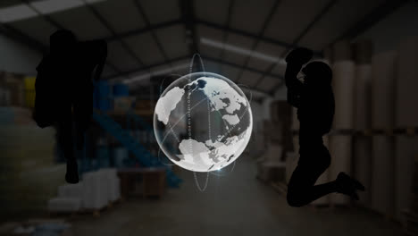 Animation-of-globe-and-silhouettes-over-warehouse
