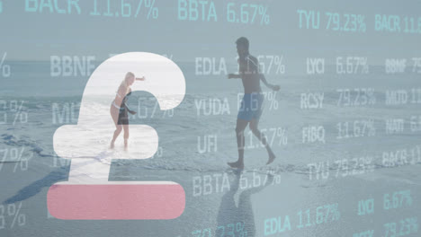 Animation-of-stock-market-and-pound-symbol-over-caucasian-couple-at-beach