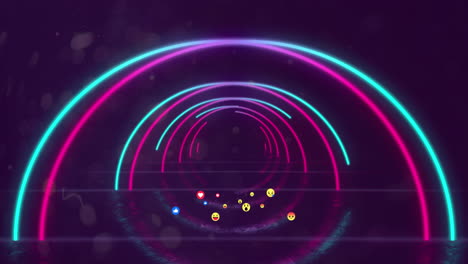 Animation-Von-Social-Media-Symbolen-Und-Emojis-über-Neonlinien-Auf-Violettem-Hintergrund