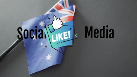 Animation-of-social-media-text-and-like-icon-over-flag-of-australia-on-dark-background