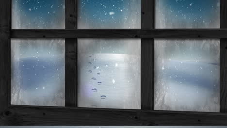 Animation-of-window-over-snow-falling-and-winter-landscape