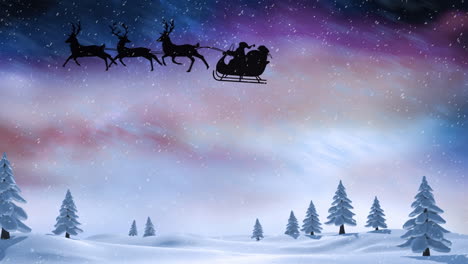 Animation-of-snow-falling-on-santa-claus-in-sleigh-being-pulled-by-reindeers-over-winter-landscape