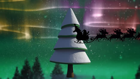 Animation-of-snow-falling-and-santa-claus-in-sleigh-with-reindeer-over-winter-landscape