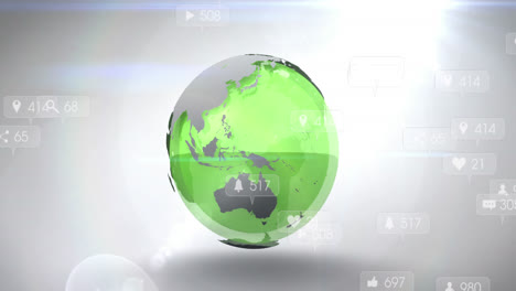 Animation-Von-Social-Media-Symbolen-Und-Lichtpunkten-über-Einem-Sich-Drehenden-Globus-Vor-Grauem-Hintergrund