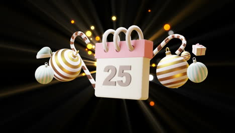 Calendar-with-25-text-and-christmas-baubles-over-starburst-and-light-spots-on-black-background