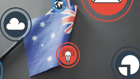 Animation-Digitaler-Mediensymbole-über-Der-Flagge-Australiens-Auf-Dunklem-Hintergrund