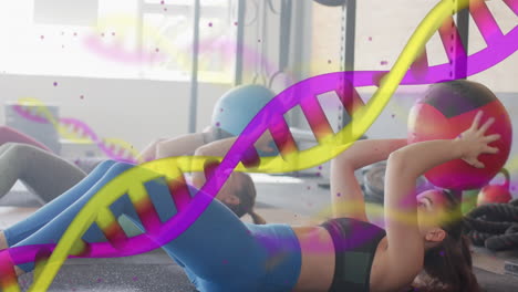 Animation-of-dna-strands-over-diverse-women-cross-training-with-medicine-balls-at-gym