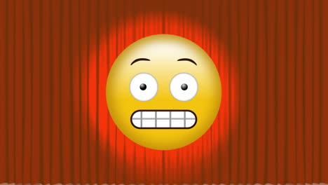 Animation-Eines-Emoji-Mit-Grimassen-Schneidendem-Scheinwerfergesicht-Vor-Dem-Hintergrund-Roter-Vorhänge,-Die-Sich-öffnen