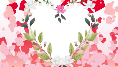 Animation-of-multiple-hearts-over-heart-of-flowers-with-copy-space-on-white-background