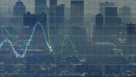Animation-Der-Finanzdatenverarbeitung-Vor-Dem-Hintergrund-Einer-Luftaufnahme-Des-Stadtbildes