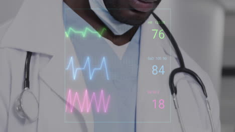 Animación-Del-Monitor-De-Frecuencia-Cardíaca-Sobre-La-Sección-Media-De-Un-Médico-Afroamericano-Con-Estetoscopio