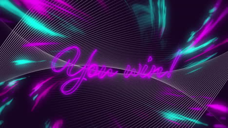 Animation-Eines-Neonfarbenen-„You-Win“-Textbanners-Vor-Violetten-Digitalen-Wellen-Auf-Schwarzem-Hintergrund