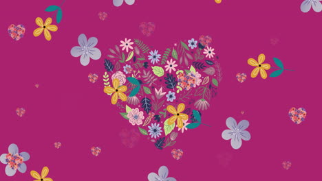 Animation-of-multiple-hearts-of-flowers-over-falling-flowers-on-pink-background