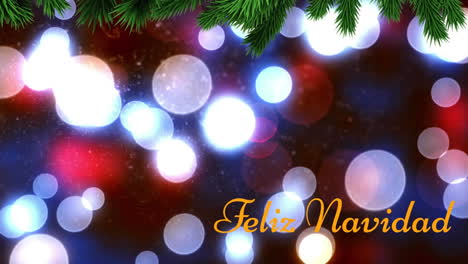 Animation-of-tree-branches-and-feliz-navidad-text-banner-against-spots-of-light