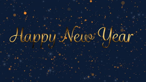 Animation-of-snow-falling-over-happy-new-year-text-banner-and-yellow-spots-on-blue-background