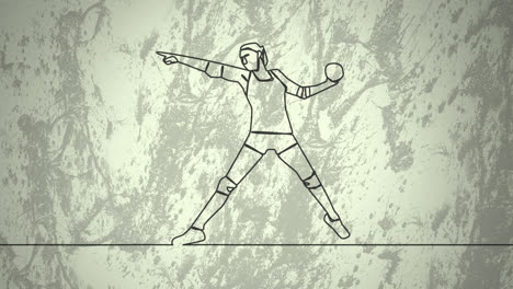 Animation-Der-Zeichnung-Einer-Handballspielerin,-Die-Ball-Und-Formen-Auf-Weißem-Hintergrund-Wirft