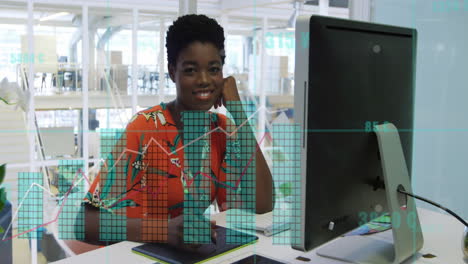 Animation-of-statistical-data-processing-over-african-american-woman-using-graphic-tablet-at-office