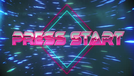 Animation-of-press-start-text-banner-and-glowing-light-trails-spinning-against-blue-background