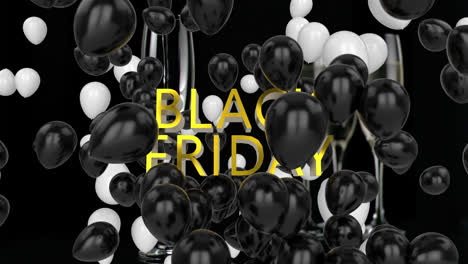 Animation-Von-Luftballons-Und-Black-Friday-Text-über-Champagner,-Der-In-Flötenglas-Gegossen-Wird