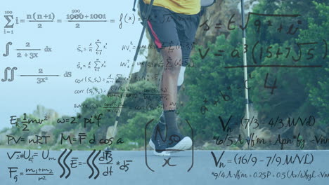 Animation-of-mathematical-data-processing-over-biracial-man-with-prosthetic-leg-walking
