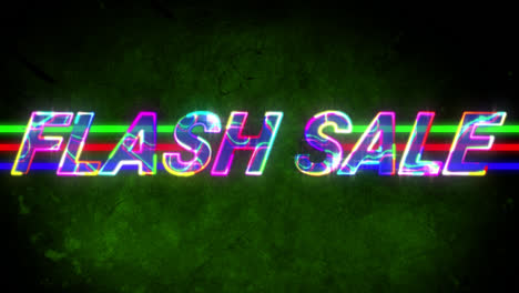 Animation-of-colorful-flash-sale-text-with-lines-glowing-over-green-background,-copy-space