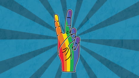 Animation-of-rainbow-hand-making-peace-sign-over-rotating-radial-stripes-on-blue-background