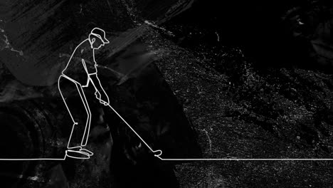Animation-of-drawing-of-male-golf-player-and-shapes-on-black-background