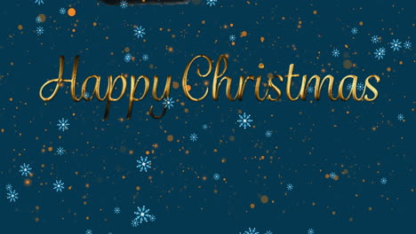 Animation-Von-Schneeflocken,-Die-über-Ein-Fröhliches-Weihnachtstextbanner-Und-Gelbe-Flecken-Auf-Blauem-Hintergrund-Fallen